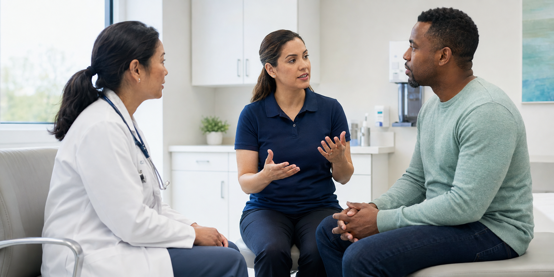 An interpreter helping a clinician and patient communicate